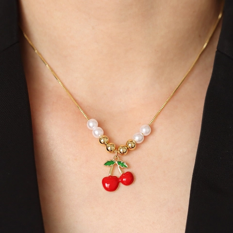 Dolce Collezione di Gioielli a Ciliegia Rame Perla Artificiale Smalto Fiocco Collana Orecchini a Goccia per Donna Accessori Moda