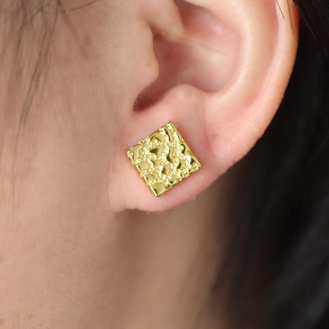 Vintage Orecchini a Bottone in Rame Placcato Oro 18K Argento Texture Pepita Geometrica Quadrati Ovali Fiore Gioielli Donna