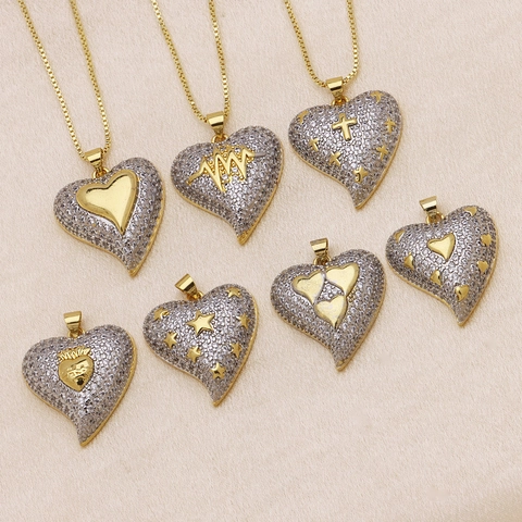 Lussuoso Ciondolo a Cuore Stella in Rame Solo Senza Catena Oro Argento Placcato Zirconia Pavé Ciondolo Croce Battito Cardiaco Gioielli