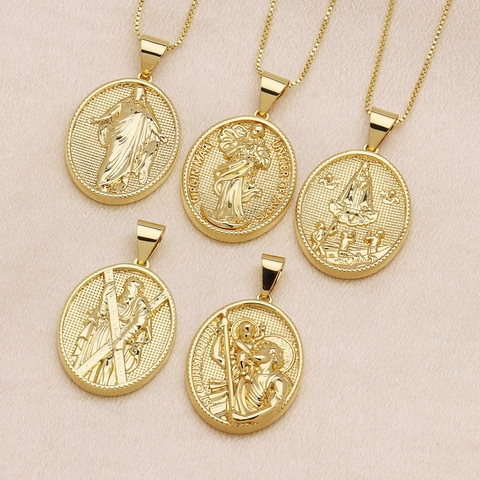 Vintage Religiöser Relief Ovaler Anhänger 18K Vergoldete Kupfermedaille St. Christopher Jungfrau Maria Anhänger Ohne Kette