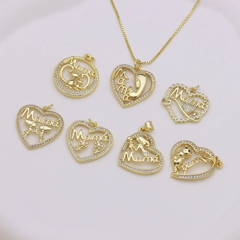 Mother's Day Copper Zirconia Heart Pendant For Women Mama Letter Mother Child Silhouette Jewelry Gift Pendant Only
