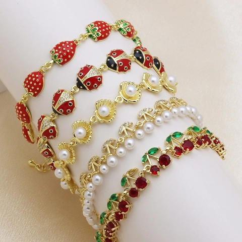 Fashion Copper Fruit Charm Bracelet Red Cherry Strawberry Ladybug Enamel Shell Artificial Pearl Bracelet For Women Jewelry Gift
