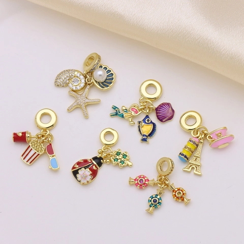 Gold Plated Copper Enamel Charms For Bracelet DIY Jewelry Making Starfish Sea Snail Eiffel Tower Popcorn Pendants For Women