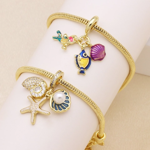 Gold Plated Copper Enamel Charms For Bracelet DIY Jewelry Making Starfish Sea Snail Eiffel Tower Popcorn Pendants For Women