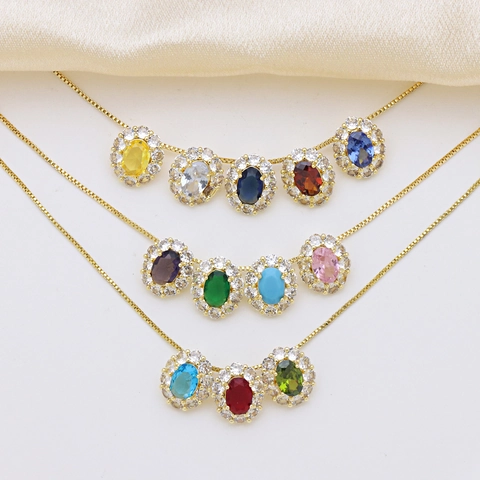Oval Birthstone Pendant Only Copper Zirconia Halo Setting 18K Gold Plated Luxury Valentine Day Birthday Gift For Women Jewelry
