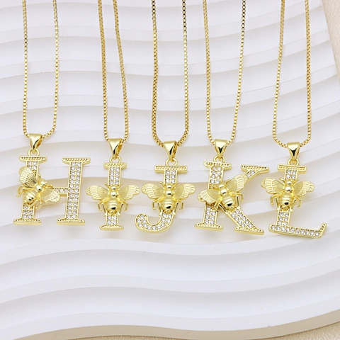 Copper 18K Gold Plated Initial Letter Pendant For Women With Bee Zirconia Inlaid Jewelry Pendant Only Without Chain