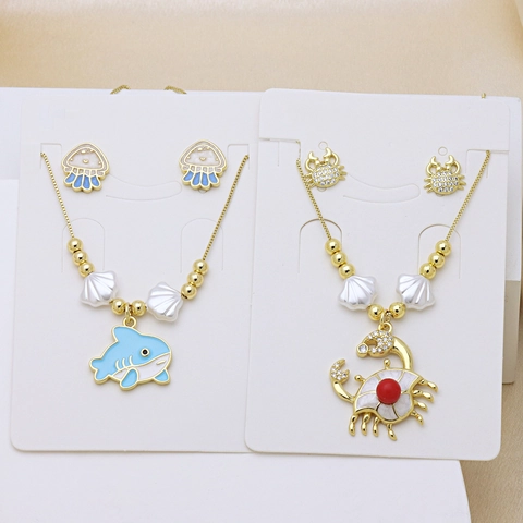 Collana Orecchini Combinazione in Rame Squalo Granchio Stella Marina Per Donna Smalto Strass Perla Artificiale Gioielli