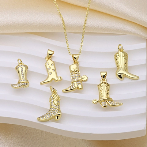 Collana con Ciondolo a Stivale da Cowboy Western Americano Vintage Rame Placcato Oro Zirconia Intarsiata Gioielli da Donna
