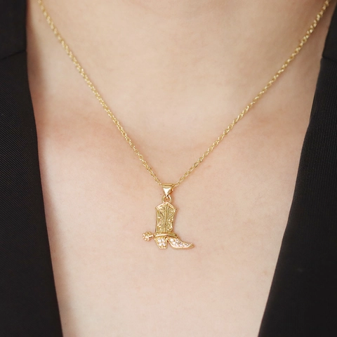 Collana con Ciondolo a Stivale da Cowboy Western Americano Vintage Rame Placcato Oro Zirconia Intarsiata Gioielli da Donna
