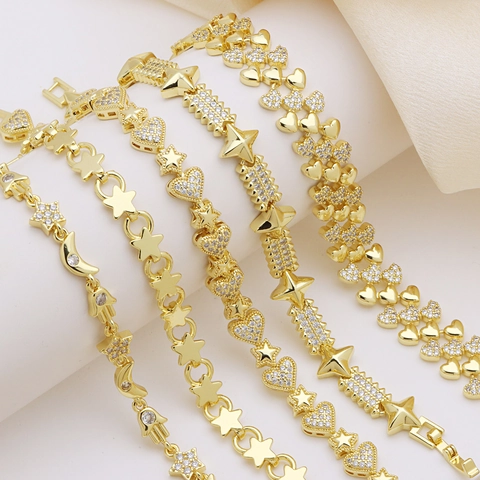 Pulsera de Lujo de Cobre Bañado en Oro para Mujer con Circón Incrustado Corazón Estrella Luna Mano de Fátima Dije Joyería de Moda