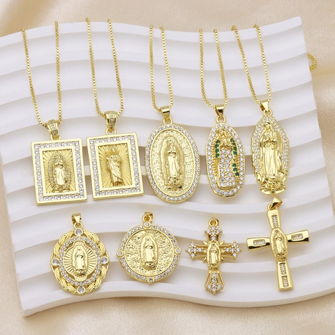 Collar con Colgante de Cruz de la Virgen María de Cobre Chapado en Oro para Mujer Hombre Vintage Circonia Jesús Religioso