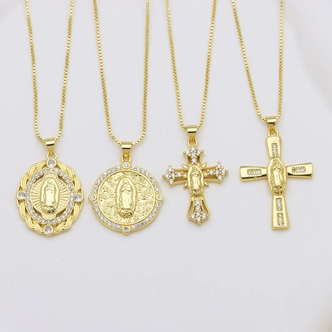 Collar con Colgante de Cruz de la Virgen María de Cobre Chapado en Oro para Mujer Hombre Vintage Circonia Jesús Religioso