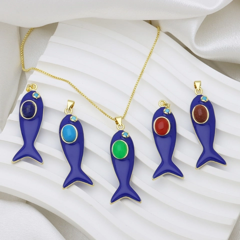 Collier Pendentif Poisson en Laiton Plaqué Or Émail Bleu Avec Pierres Gemmes Synthétiques Multicolores Bijoux Animaux Femme
