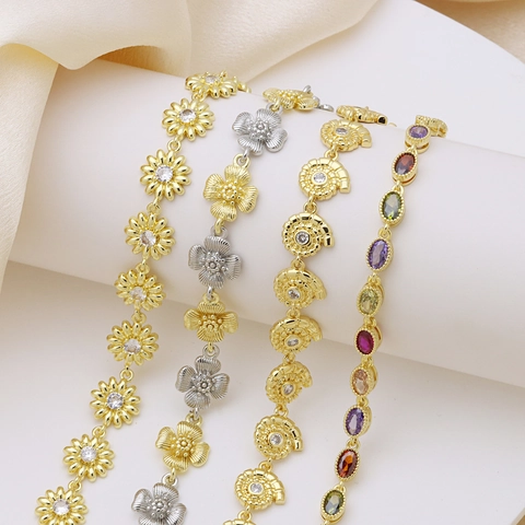Fashion Copper Flower Daisy Bracelet For Women Gold Silver Plated Zirconia Nautilus Spiral Shell Multi-color Gemstone Bracelet Elegant Jewelry