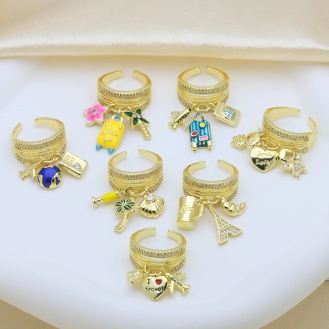 Fashion Design Copper Gold Plated Open Ring Travel Theme Airplane Suitcase Globe Heart Pendant Rhinestone Adjustable Ring For Women Men Jewelry Gift