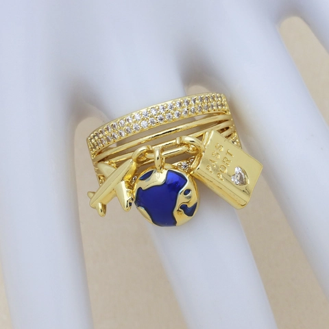 Fashion Design Copper Gold Plated Open Ring Travel Theme Airplane Suitcase Globe Heart Pendant Rhinestone Adjustable Ring For Women Men Jewelry Gift