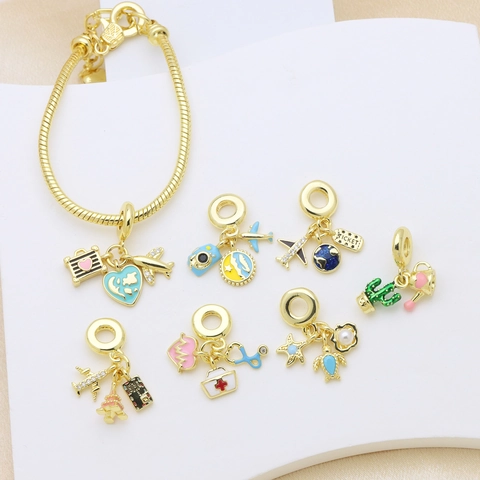 Gold Plated Brass Travel Theme Bracelet Charms Enamel Medical Airplane Camera Pendant Only (Without Chain) For DIY Jewelry Women