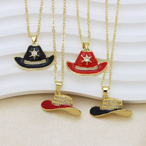 Western Cowboy Hat Pendant Necklace Copper Zirconia Enamel Chic Vintage Jewelry For Men Women Gold Plated O-Chain