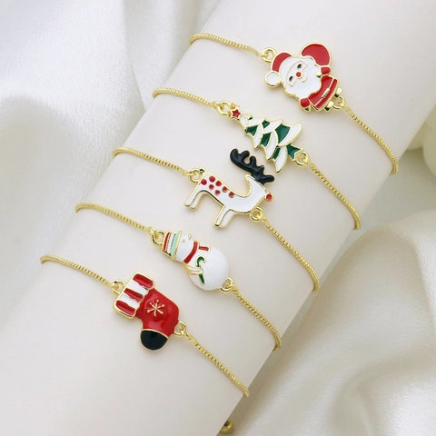 Christmas Enamel Charm Slider Bracelet For Women Gold Plated Copper Box Chain Santa Claus Snowman Reindeer Christmas Tree Adjustable Jewelry Gift