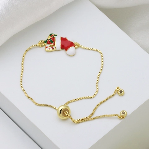 Christmas Enamel Charm Slider Bracelet For Women Gold Plated Copper Box Chain Santa Claus Snowman Reindeer Christmas Tree Adjustable Jewelry Gift
