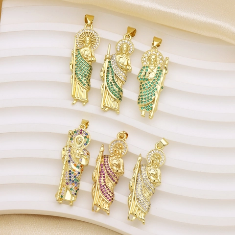 Saint Jude Religious Figure Pendant For Men Women Colorful Zirconia Inlaid Copper 18K Gold Plated Hip Hop Jewelry Accessory