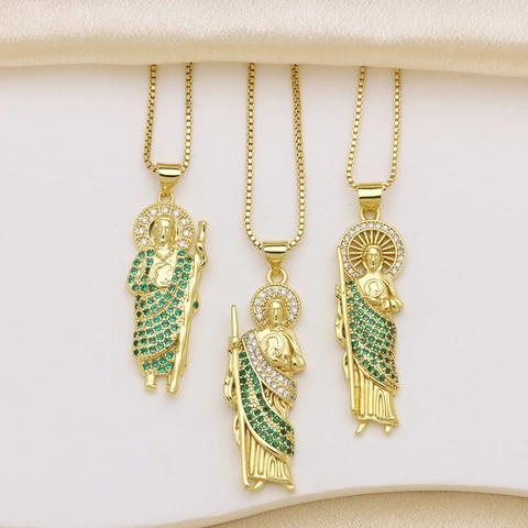 Saint Jude Religious Figure Pendant For Men Women Colorful Zirconia Inlaid Copper 18K Gold Plated Hip Hop Jewelry Accessory