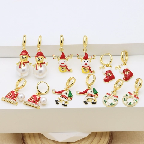 Festivi Orecchini di Natale Babbo Natale Pupazzo di Neve Alce Rame Smalto Strass Perla Artificiale Orecchini per Donna Regalo