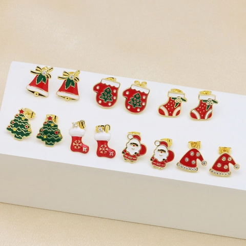 Christmas Enamel Earrings Set For Women Copper Rhinestone Santa Bell Tree Stocking Hat Glove Stud Earrings Holiday Jewelry Gift