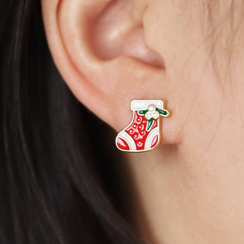 Christmas Enamel Earrings Set For Women Copper Rhinestone Santa Bell Tree Stocking Hat Glove Stud Earrings Holiday Jewelry Gift
