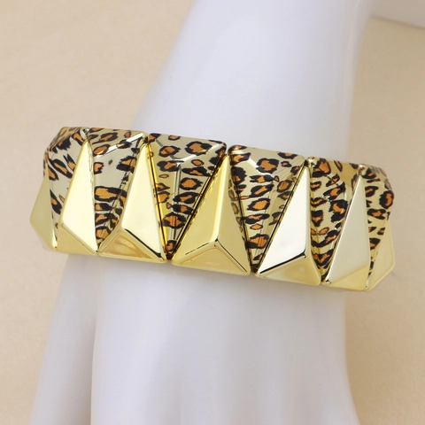 Bracelet Jonc Élastique en Cuivre Imprimé Léopard Vintage Plaqué Or Géométrique Tube de Bambou Bijoux de Mode Femme