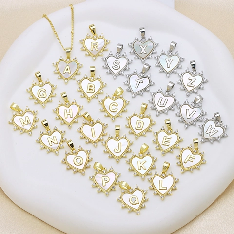 DIY Initial Letter Heart Pendant Shell Copper Inlaid Zirconia Alphabet Gold Silver Pendant Only Without Chain Jewelry Accessory
