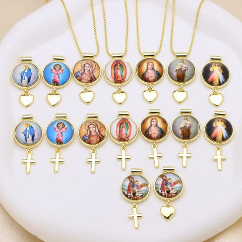 Vintage Religious Portrait Round Pendant Necklace Gold Plated Copper Cross Heart Charm Saint Mary Jesus Michael Jewelry