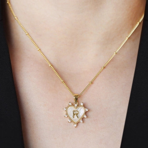 DIY Initial Letter Heart Pendant Shell Copper Inlaid Zirconia Alphabet Gold Silver Pendant Only Without Chain Jewelry Accessory