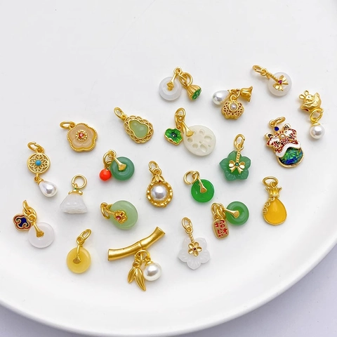 18K Verguld Legering Imitatie Jade Hanger Traditionele Chinese Stijl Fleskalebas Lotus Ping An Kou Bloem DIY Sieraden Accessoires