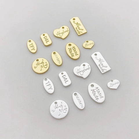 Koper 14K Goud Zilver Vergulde Hart Ronde Rechthoek Ovale Hangers Gegraveerde Letter Tags Voor DIY Sieraden Ketting Armband Maken Accessoires