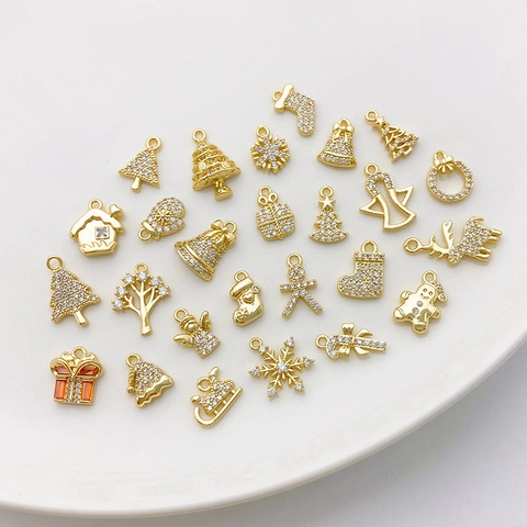 14K Vergulde Koperen Kerstserie Hanger Bedeltjes Met Zirconia Voor DIY Ketting Armband Maken Feestelijke Sieraden Onderdelen