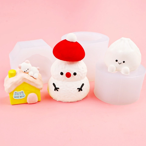 3D Snowman Bunny House Shape Silicone Mold For DIY Scented Candle Gypsum Ornaments Handmade Soap Cake Decorating Tool Cute Cartoon Crafting Mold