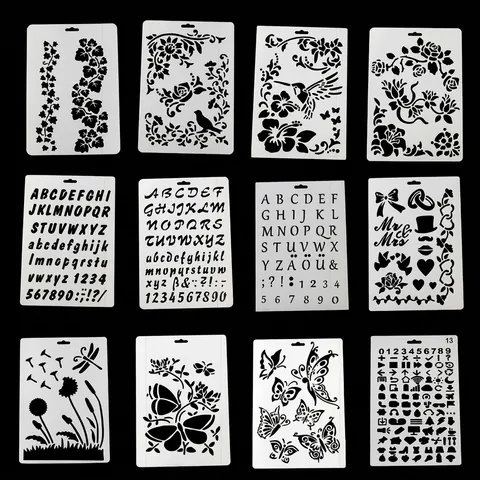 Stencil Cavo Per Pittura DIY Per Scrapbooking Journaling Plastica PET Modello Decorativo Design Fiore Uccello Alfabeto Numeri