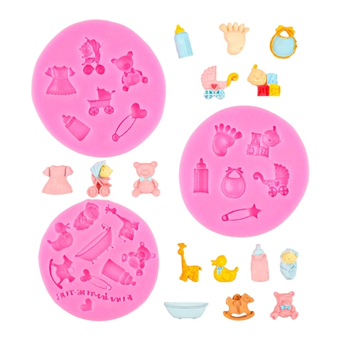 Baby Thema Siliconen Fondant Vorm Kinderwagen Beer Fles Vormen Voor Taart Decoratie Chocolade DIY Zeep Bakvorm