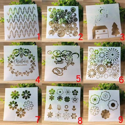 Plantillas de Pintura de PE Cuadradas para Arte DIY Graffiti Plantilla de Dibujo Hueca Hojas Floral Corazón Navidad para Escuela Oficina Scrapbooking