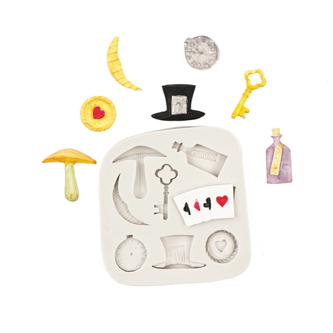 Silikon Spielkarten Alice Im Wunderland Thema Kuchenform Hut Schlüssel Uhr Flasche Form Fondant Schokoladenform Zum Backen DIY