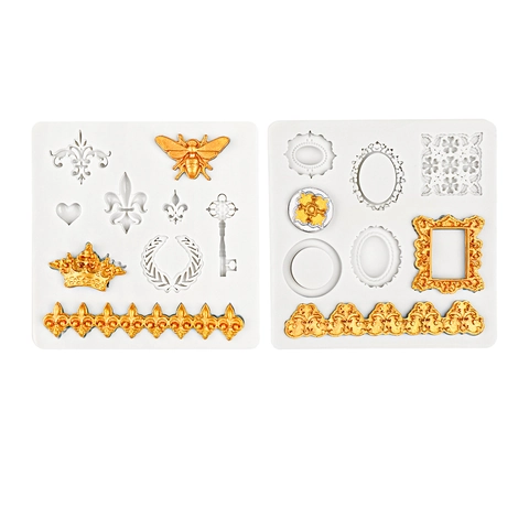Baroque Vintage Silicone Fondant Mold Crown Bee Key Fleur-De-Lis Flower Border Cake Decorating Tools For Chocolate Clay Craft