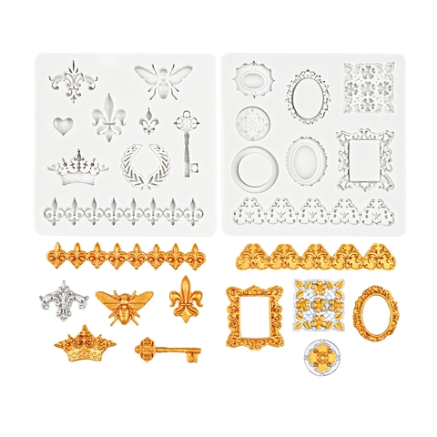 Baroque Vintage Silicone Fondant Mold Crown Bee Key Fleur-De-Lis Flower Border Cake Decorating Tools For Chocolate Clay Craft