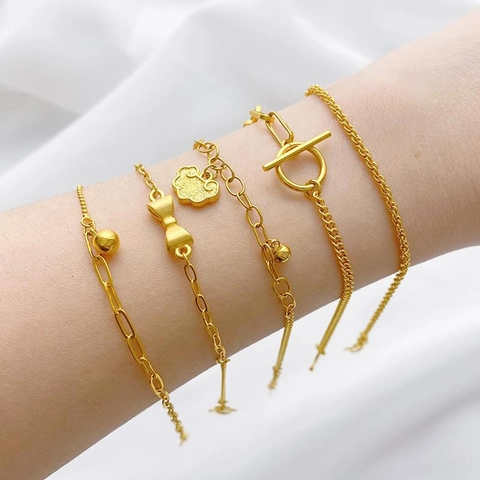 24K Gold Plated Alloy Adjustable Bracelet For Women Ethnic Style Lucky Lock Bowknot Bell Charm Jewelry Gift Accessories