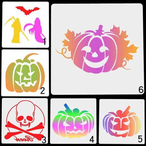Stencil in Plastica PET di Halloween per Pittura Artigianato Fai da Te Modello Cavo Zucca Pipistrello Teschio Decorazione per Torte