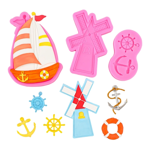 Nautical Theme Silicone Mold Sailboat Windmill Anchor Helm Shape Fondant Mold For Cake Decoration DIY Clay Plaster Tool