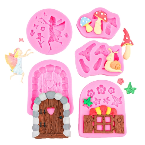 Pastoral Cartoon Schnecke Pilz Fondant Silikonform Feenhaus Elf Holz Tür Schokoladenkuchenformen Stein Textur DIY Backform
