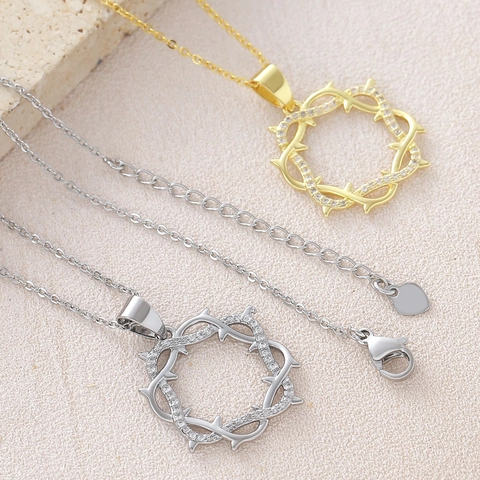 Gold Plated Copper Zirconia Thorn Crown Round Pendant Necklace Religious Cross Heart Charm Jewelry For Women Necklace Pendant