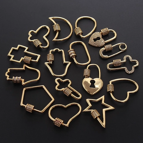 DIY Jewelry Clasp Pendant Gold Plated Copper Screw Carabiner Heart Star Moon Hamsa Hand Cross Zircon Pendants For Women