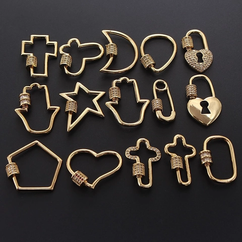 DIY Jewelry Clasp Pendant Gold Plated Copper Screw Carabiner Heart Star Moon Hamsa Hand Cross Zircon Pendants For Women